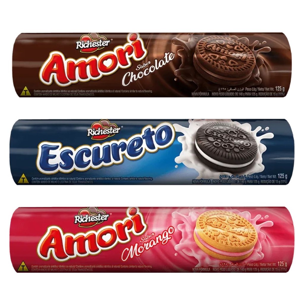 Combo 3 Biscoitos Recheado Amori Chocolate Morango Escureto | Shopee Brasil