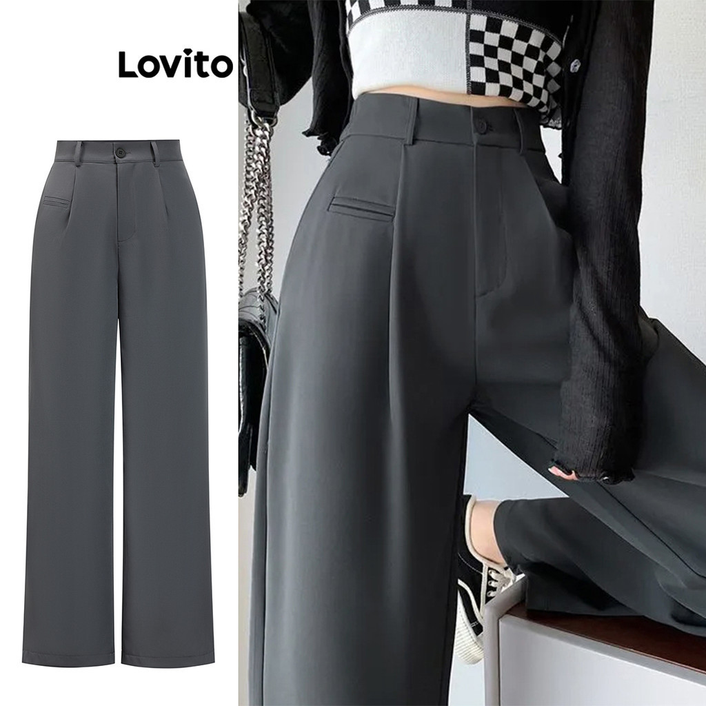 Lovito Calça casual plissada lisa para mulheres L91AD124