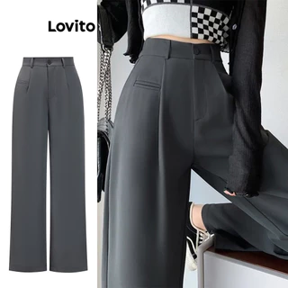 Lovito Calça casual plissada lisa para mulheres L91AD124