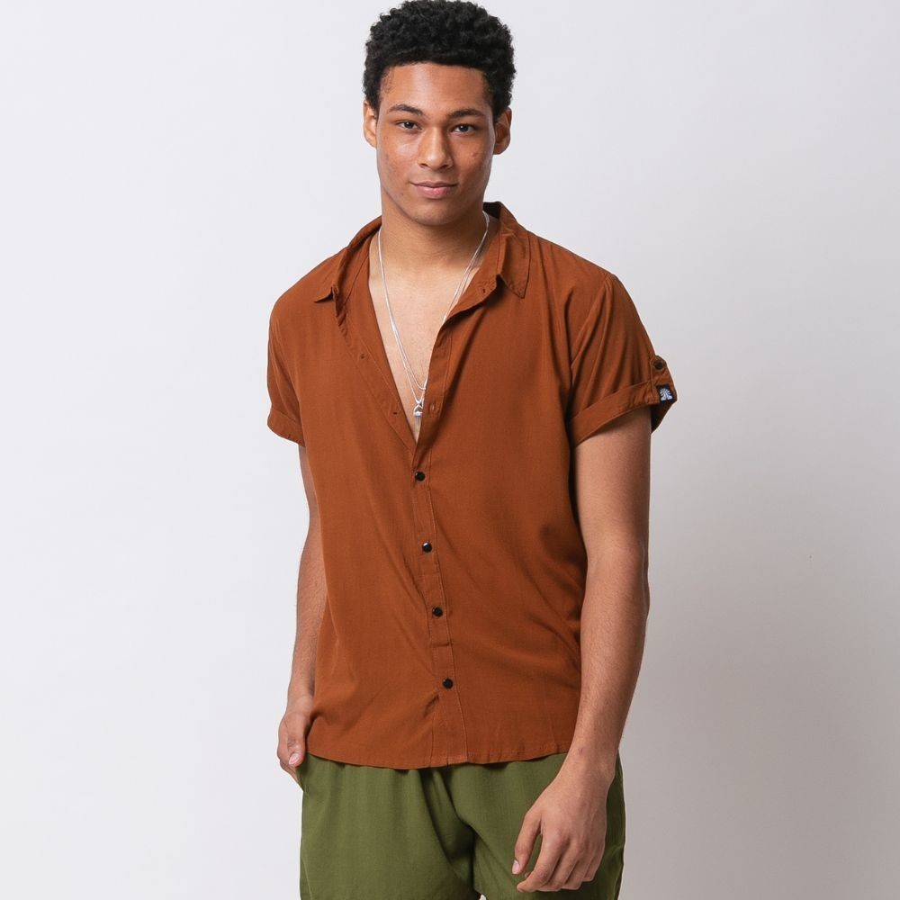 Camisa Masculina Viscolinho Marrom | Shopee Brasil