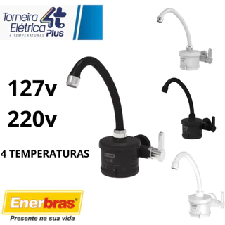 Torneira Elétrica Parede Cozinha 4T Plus 127V 4800w / 220V 5500W Bica Água Quente Branca Preta 4 Temperaturas
