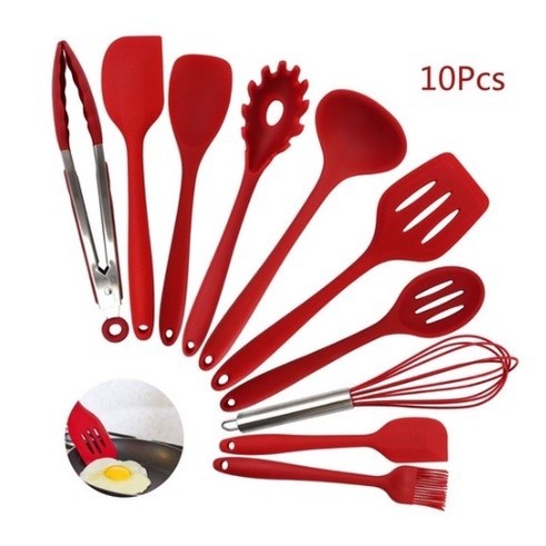 Kit 10 Peças Colheres De Silicone Cabo Inox Utensílios Cozinha