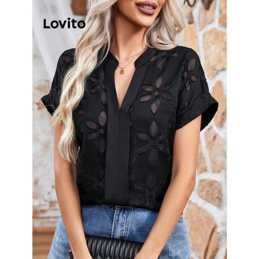 Lovito Blusa elegante de tecido jacquard liso para mulheres LNL73240 ...