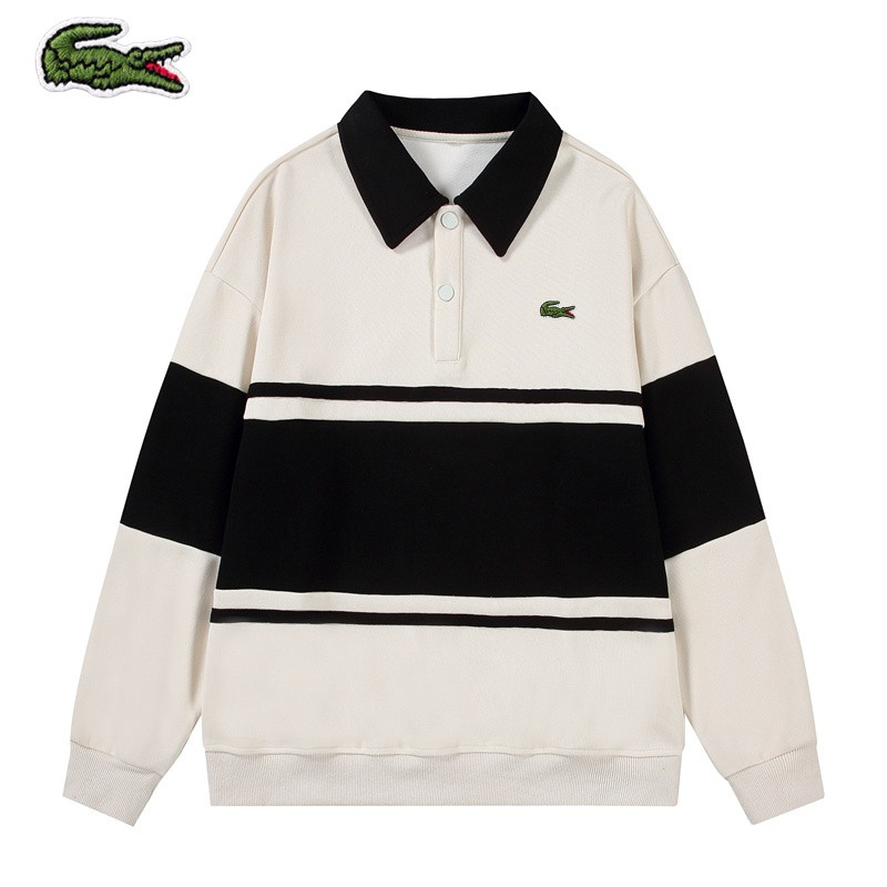 Listras de Primavera Outono Listras Fofas Homens Fofas Camiseta de Manga Longa Feminina Destaque Camiseta de Piso de Algodão com Contas Duplas Lapela POLO Camiseta S @-