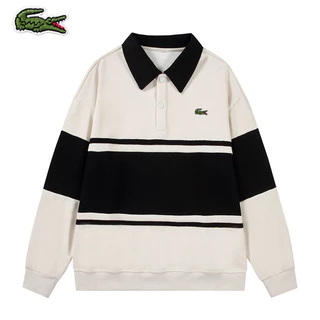 Listras de Primavera Outono Listras Fofas Homens Fofas Camiseta de Manga Longa Feminina Destaque Camiseta de Piso de Algodão com Contas Duplas Lapela POLO Camiseta S @-