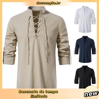 Homens Camisas Scottish Jacobite Ghillie Kilt Medieval Renascentista Traje Pirata Manga Longa Camisa Henley XXL