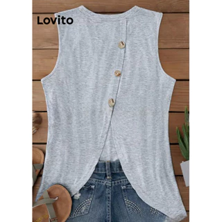 Lovito Camiseta feminina casual com botão liso e costas divididas LNL75107