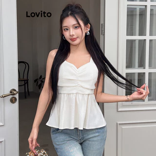 Lovito Casual Simples Franzido Regata para Mulheres L99ED122