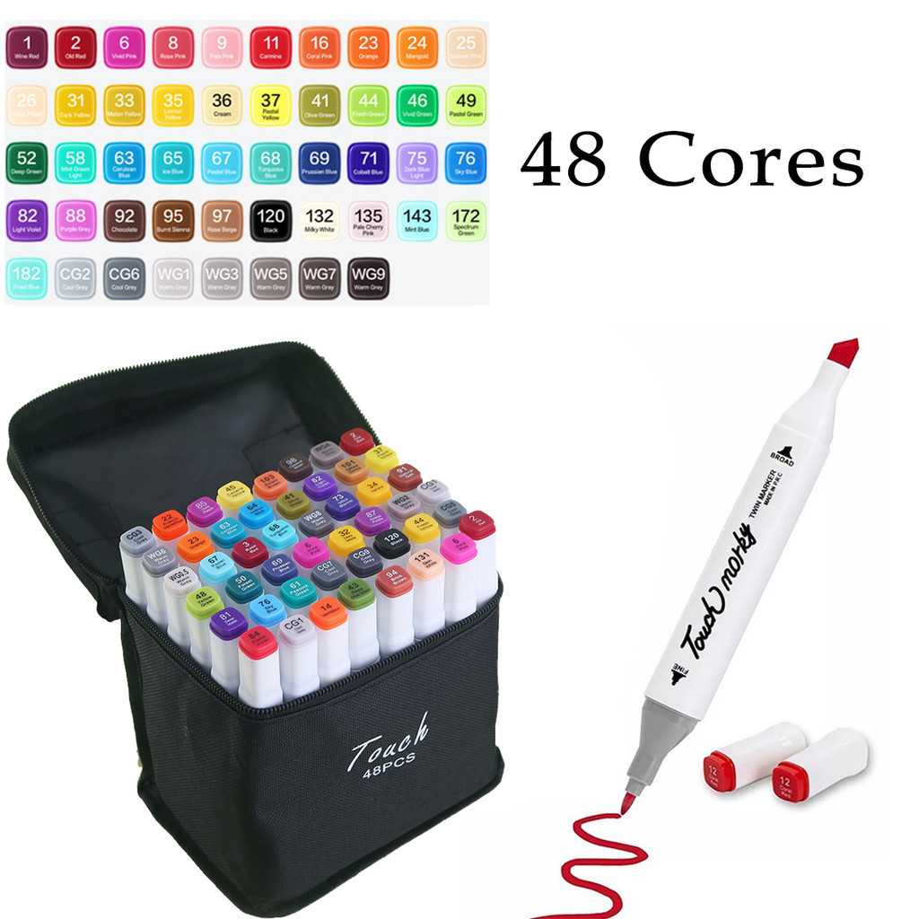 48 Cores Marcadores Caneta Marcadora de Ponta Dupla Branco