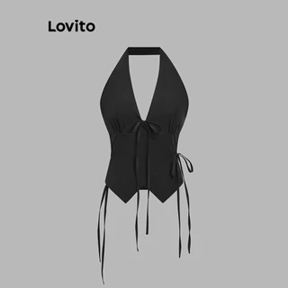 Lovito Elegante Top de alças assimétrico liso com cadarço para mulheres L106AD389