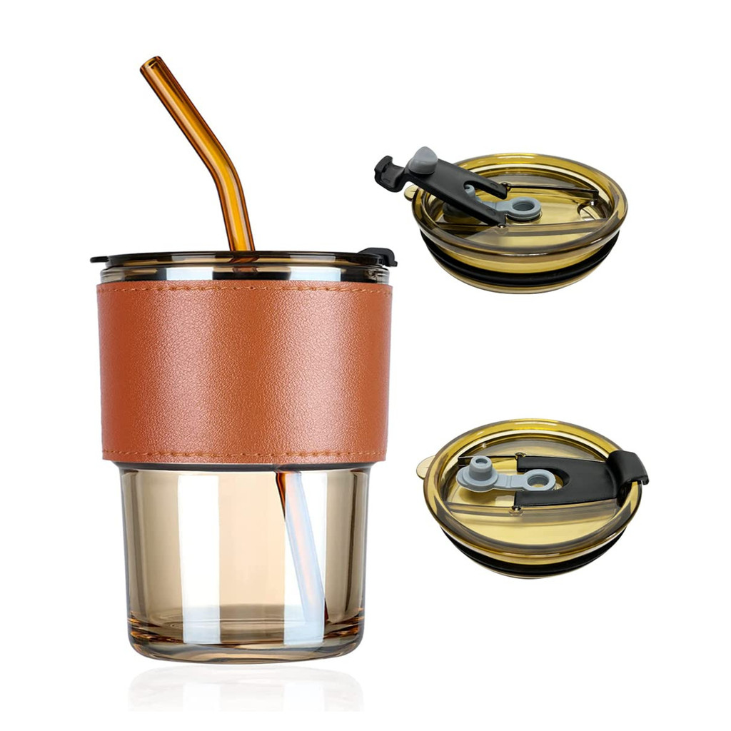 Copo de Vidro Com Canudo 450ml Coldre Couro Cozinha Decoração Drink Chá Bebidas