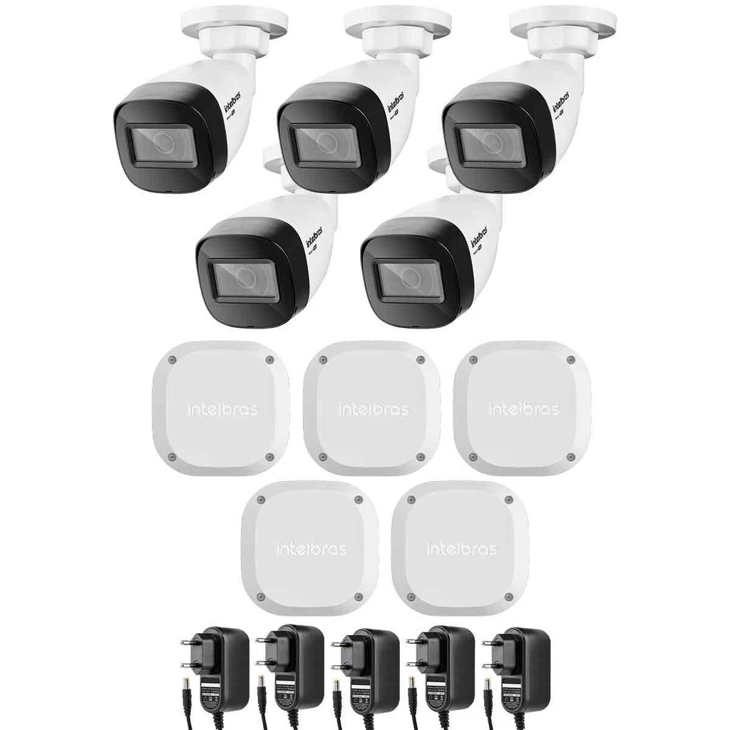 Kit 5 Câmeras Intelbras VHD 1130 B HD 720p Infra de 30m IP67 5 VBOX 1100 Branca Intelbras IP66