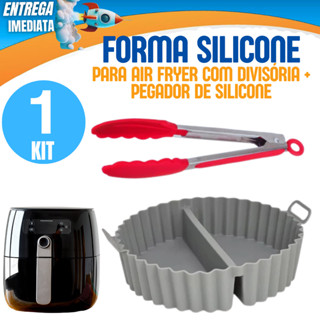 Jogo 1 Forma de Silicone com Divisória para Airfryer Resistente até 230°C + 1 Pegador de Silicone Ideal para e Refeições