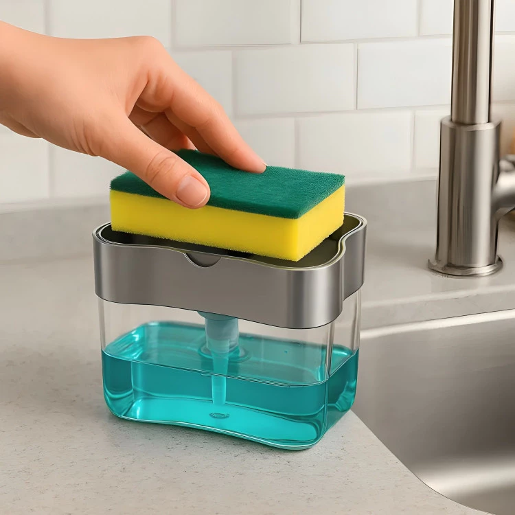 Dispense Sabão Porta Detergente 2 em 1 Suporte Bucha Esponja Limpa Cozinha Limpeza Sabão Com Esponja