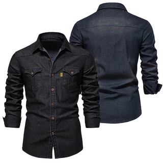 Botão Bolsos de Alta Qualidade dos homens Slim Fit Manga Longa Camisa Jeans Para Primavera Outono Social Casual