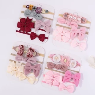 5Pcs/Set Recém-Nascido Feito A Mão Fita De Cabeça De Nó De Arco Com Flor Sólida Acessórios Para Cabelo De Bebê Venda Por Atacado