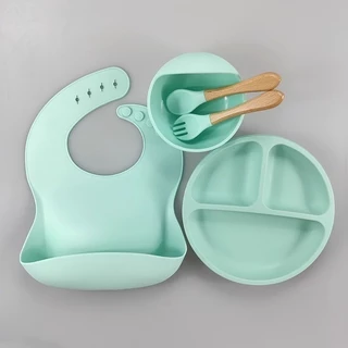 Kit 6 pecas Talheres do Bebê ConjuntoDe Silicone Para Bebês Com Tigela De ventosa Sippy Cup Bibs