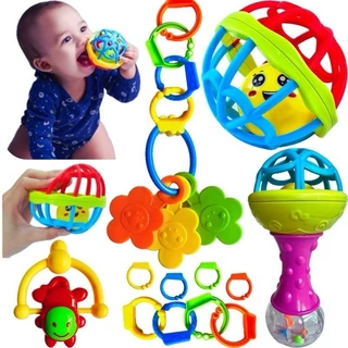 Kit Brinquedos Para Bebê Chocalhos Mordedor Sensorial 5 Peças Brinquedo Infantil Musical Coisas de Bebê Neném Criança Pequena Presente de Aniversário bebe Menino e Menina Natal Chocalho Buba Silicone Macio Avent Borracha Plástico nenê 0 a 6 meses Móbile