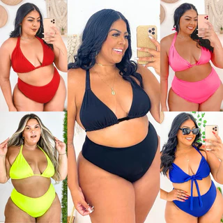 Biquini Plus Size Cintura Alta Feminino Calcinha Hot Pants Cós Alto Cortininha Praia Piscina