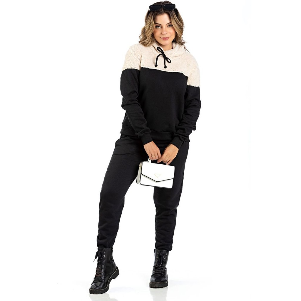 Conjunto Feminino Moletom Peluciado Vanessa Preto - Donnab | Shopee Brasil