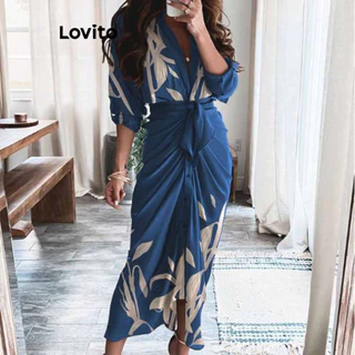 Lovito Vestido casual tropical com cinto dividido para mulheres LNL53054