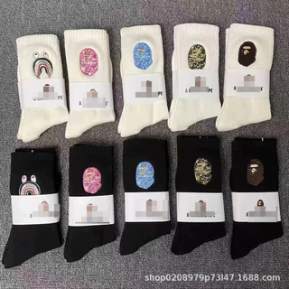 Meias Esportivas Bape Ape Head Towel Socks Estilo Japonês Meias de Algodão Alto Meias de Algodão Alto Meias Brancas Sweat-Absorbent Meias Esportivas de Cor Sólida Mid-Tube