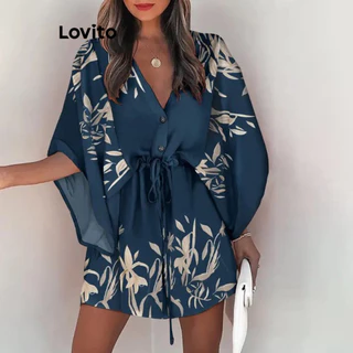 Lovito Vestido casual com estampa floral e cadarço para mulheres LNL79398