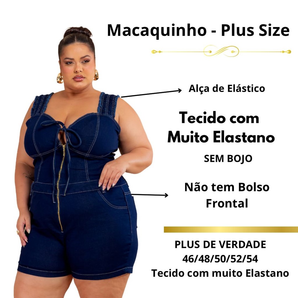 Macaquinho Jeans Plus Size Feminino (46 ao 54) Premium Elastano
