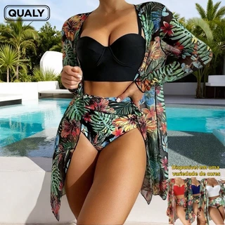conjunto biquíni 3 peças feminino com saida de praia verão Com Estampa Planta - QUALY em Oferta na Shopee