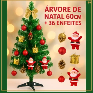 Árvore De Natal 60cm + 36 Enfeites Decorada Kit VERDE / NEVADA