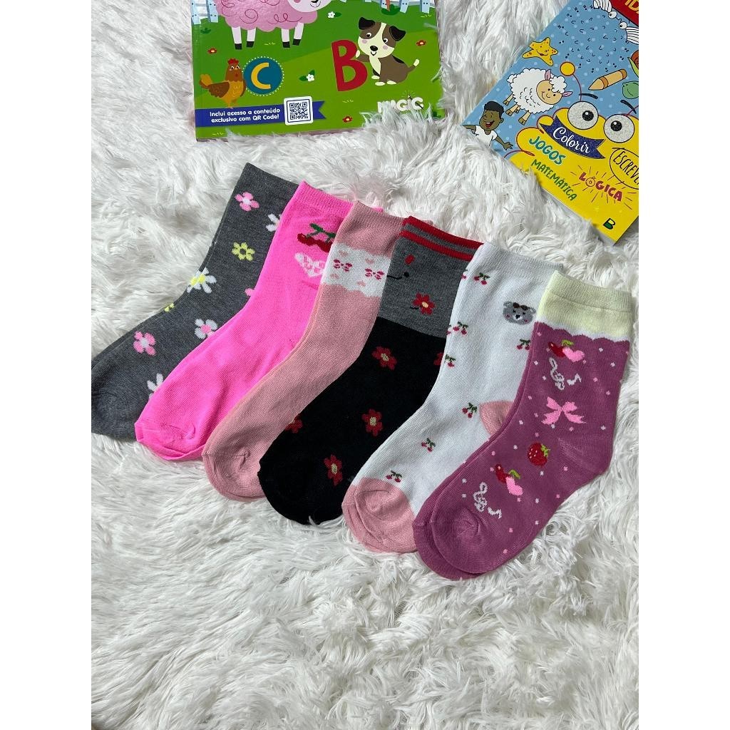 Kit 12 Pares de Meia Infantil Feminina Moça Cano Longo