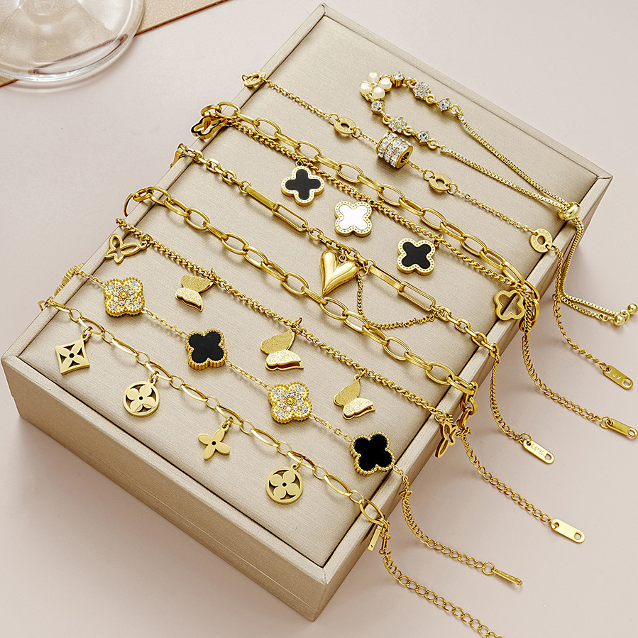 Pulseiras De Luxo Ouro 18K Pulseira De Aço Inoxidável Para Mulheres Quatro Folhas De Corrente De Borboleta Coração Jóias