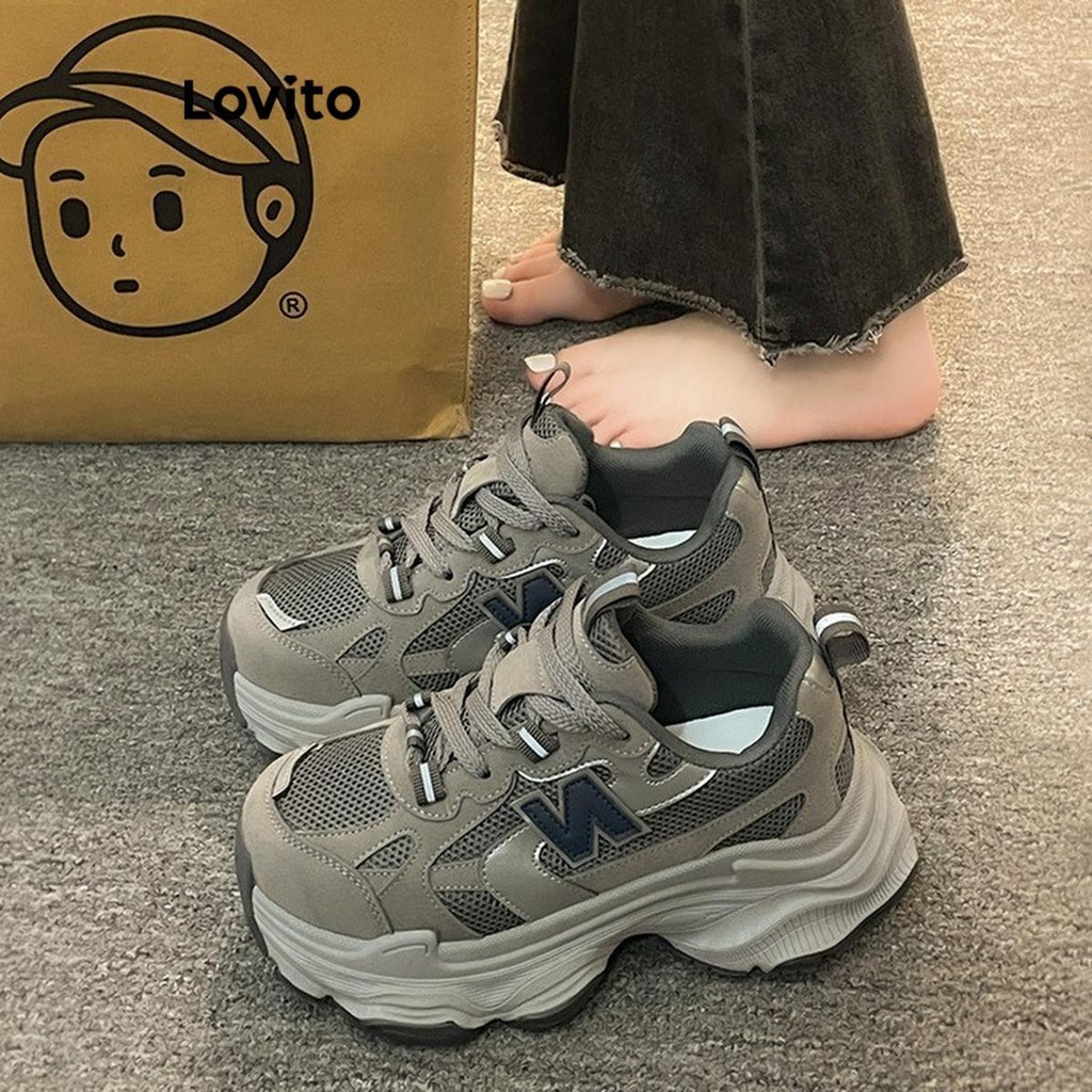 Lovito Casual Tênis Feminino Liso Retrô de Malha Respirável e Sola Grossa LFA42453