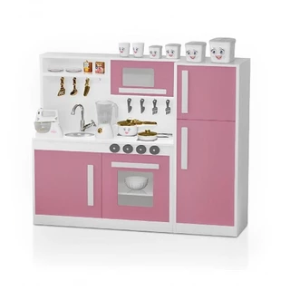 Cozinha Infantil Com Pia Fogão Micro-Ondas E Geladeira Rosa