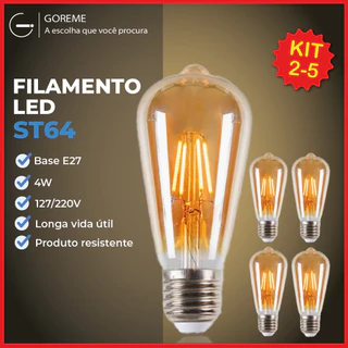 Kit 5 Lâmpada Filamento LED ST64 E27 4W LUZ QUENTE (AMARELO) Âmbar Retrô Vintage 110V~220V | Bivolt