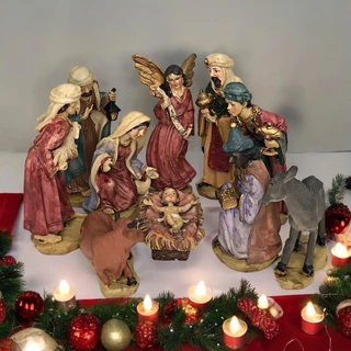 Presépio de Natal Completo 11 Peças em Resina Conjunto Tradicional Durável para Decoração Natalina