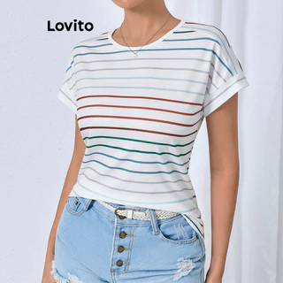 Lovito Camiseta feminina geométrica casual com listras arco-íris LBL16298