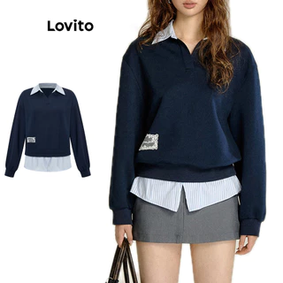 Lovito Suéter de renda com gola contrastante e costura de tecido patchwork preppy para mulheres L102AD217