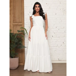 Vestido Longo Pipoca  Feminina  Alça Babado Tecido de Duna em Oferta na Shopee