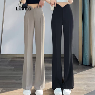 Lovito Calça casual lisa assimétrica para mulheres LNE59170