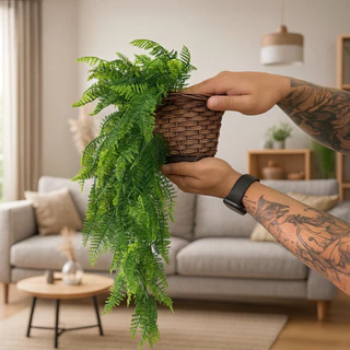 Kit Planta Decorativa: Vaso Trançado Marrom + 1 Pendente Artificial Folhas De Samambaias