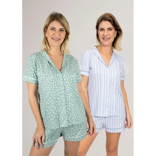 KIT 1 Pijama Americano Curto Listrado Azul + 1 Pijama Americano Curto Verde Poá em Oferta na Shopee