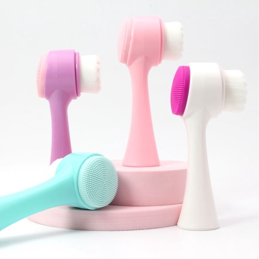 Escova de Limpeza Facial Dupla Face - Silicone e Cerdas Macias