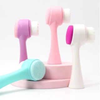 Escova de Limpeza Facial Dupla Face - Silicone e Cerdas Macias