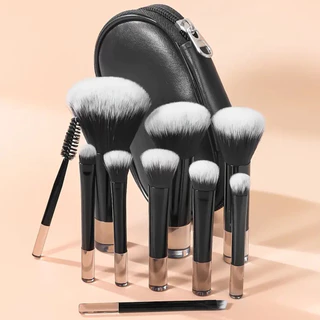 10 Conjunto de Escova de Maquiagem Portátil com Cabo Curto Preto com Saco de Armazenamento Incluindo Escova Blush Escova em Pó Solto Escova para Sombra dos Olhos Escova para Sobrancelhas Escova para Sobrancelhas