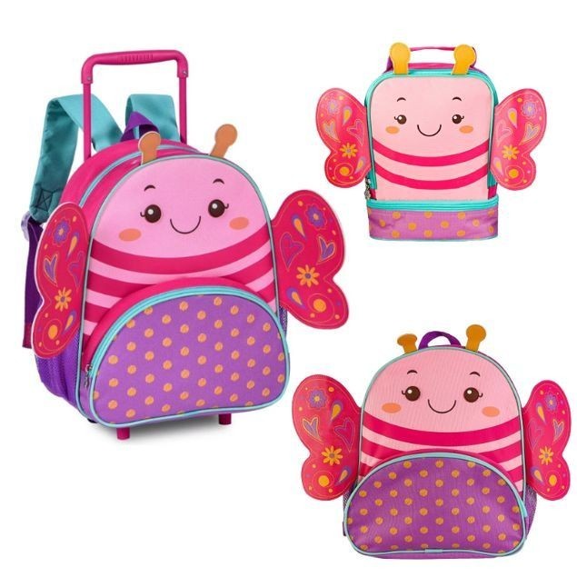 Mochila Escolar Rodinhas, de alça e Lancheira Borboletinha Rosa Clio Pets - Similar Skip Hop