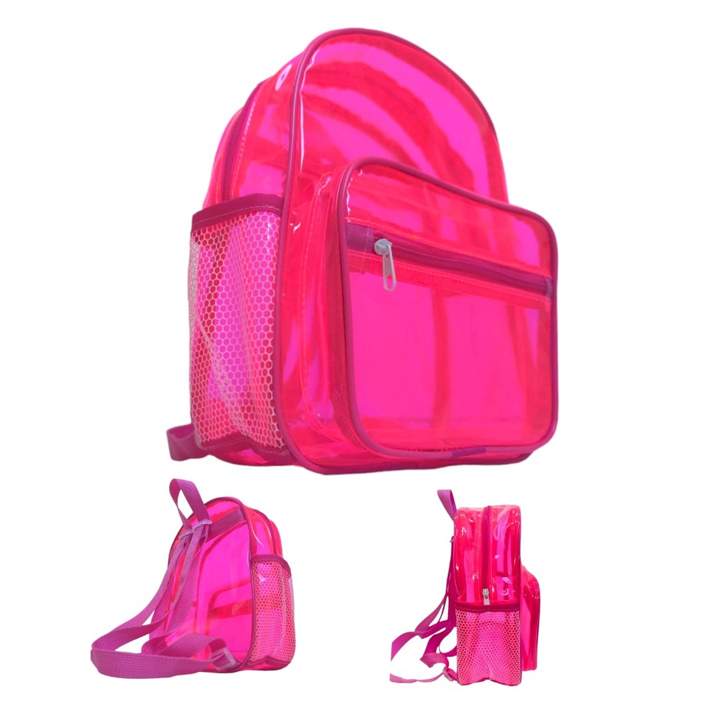 Mochila Rosa Transparente Neon Com PomPom P/ Curso Rave Festas Creche ...