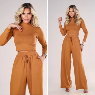 Conjunto Feminino Elegante Casual Básico Liso Calça Pantalona Cropped Larguinho
