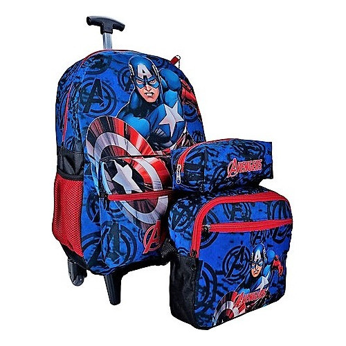 Kit Mochila Capitão América Com Rodinhas Lancheira E Estojo