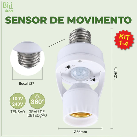 Kit 4 Sensor de Movimento para lâmpada Soquete E27 c sensor de presença Bivolt 110V~220V Max 60W